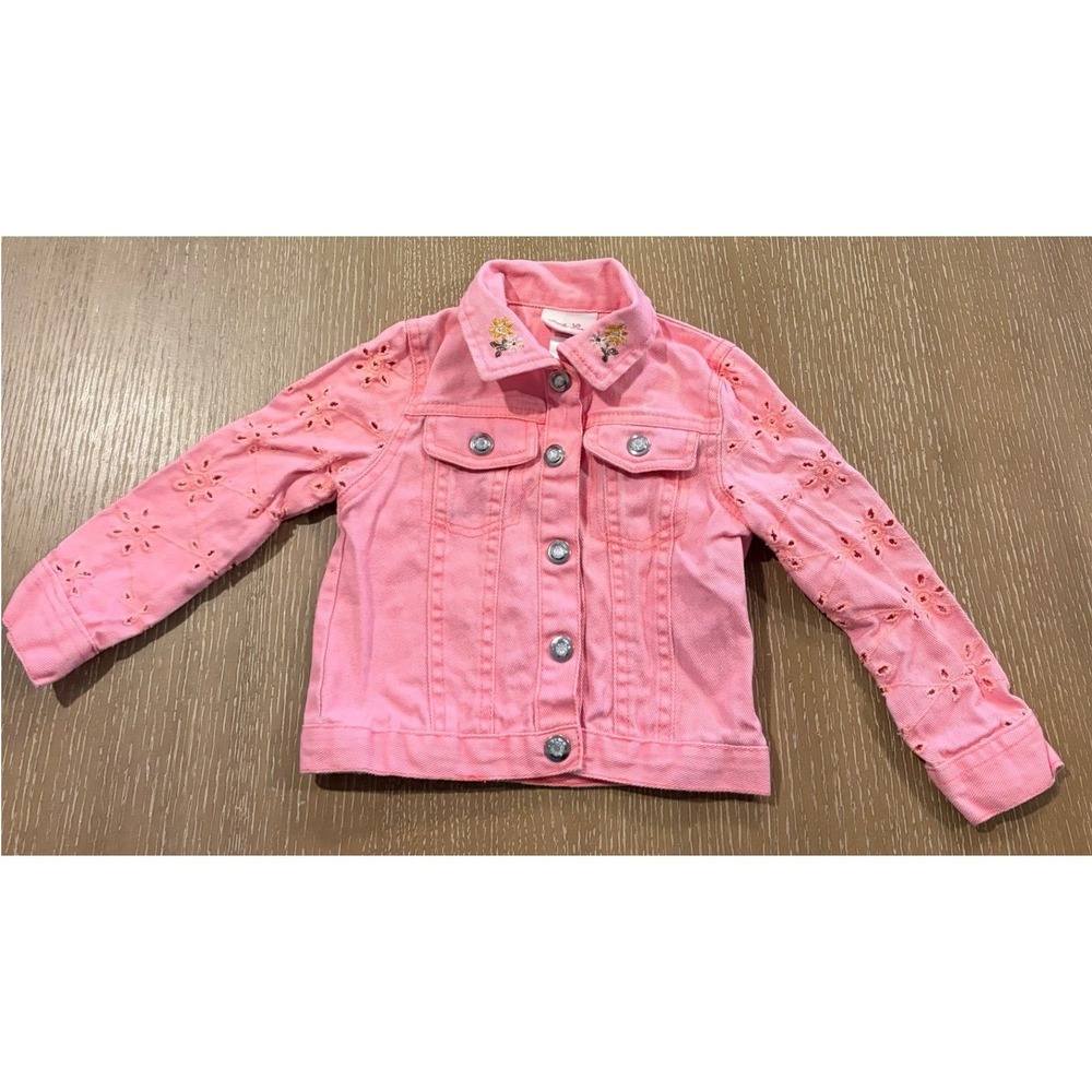 Little Lass Girls Pink Denim Jacket 3T Embroidered Eyelet Floral Jean Coat